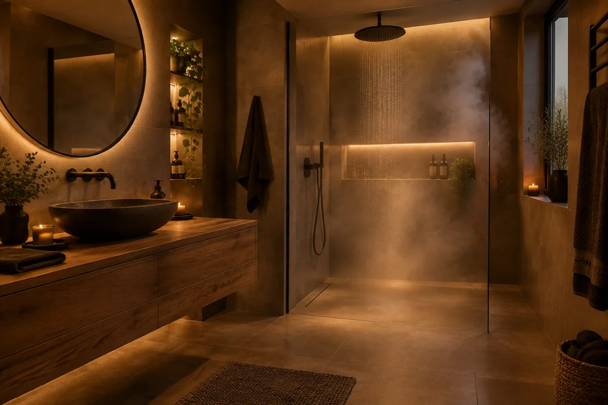 Modernes Bad mit Walk-in Dusche und warmem Licht