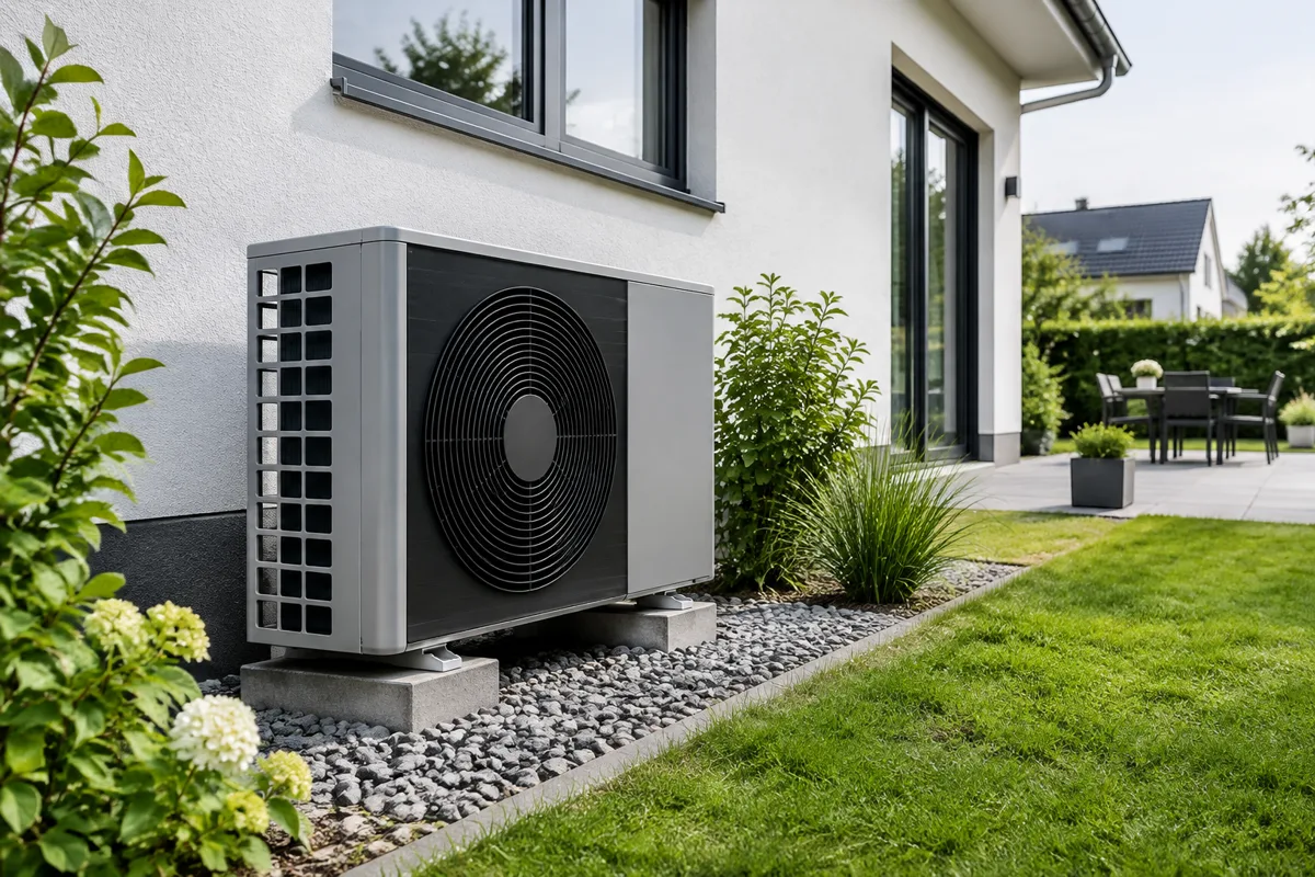 Moderne Luft-Wärmepumpe vor einem Wohnhaus